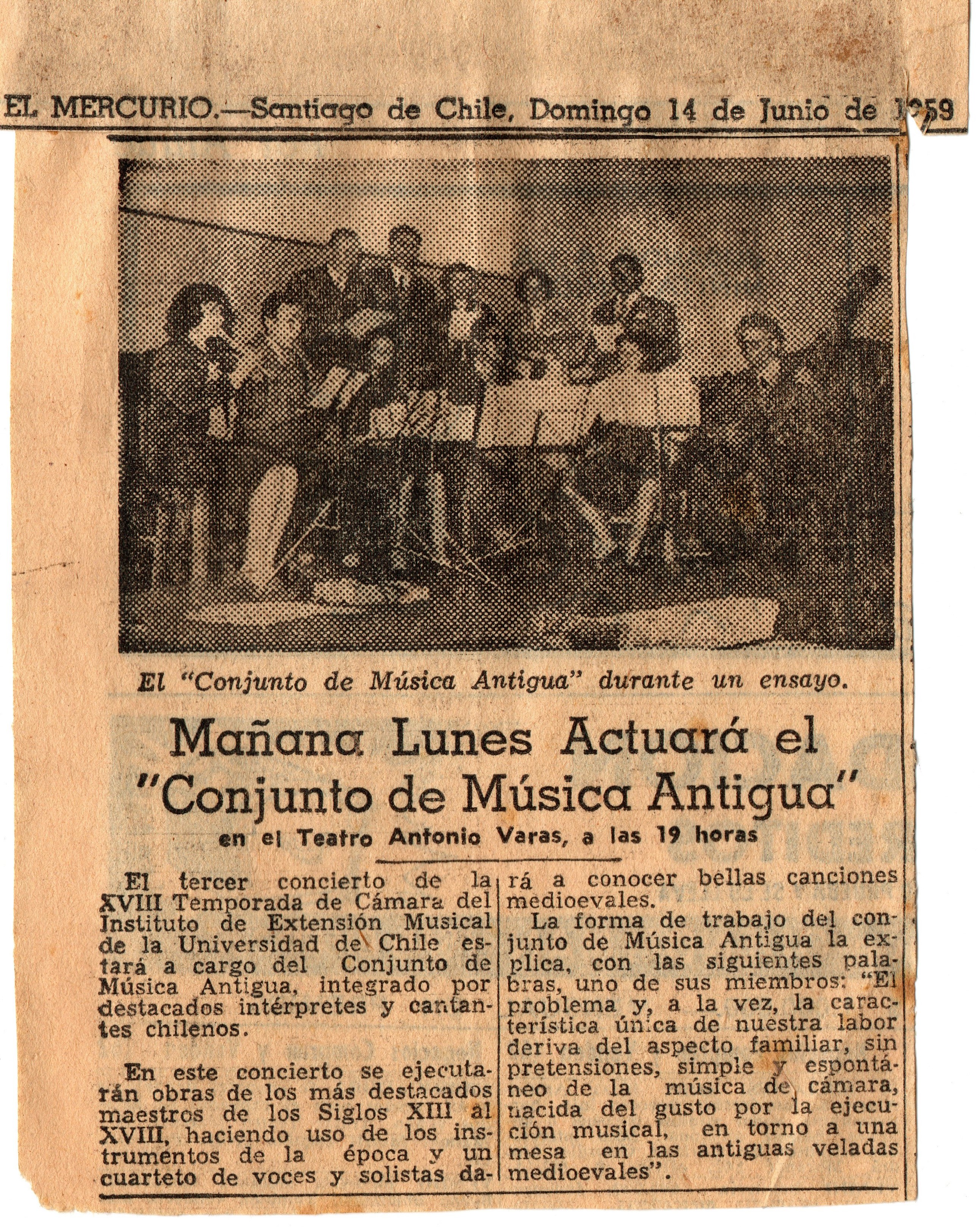 Conjunto de Música Antigua. Nota de prensa, El Mercurio, 14/06/1959.
