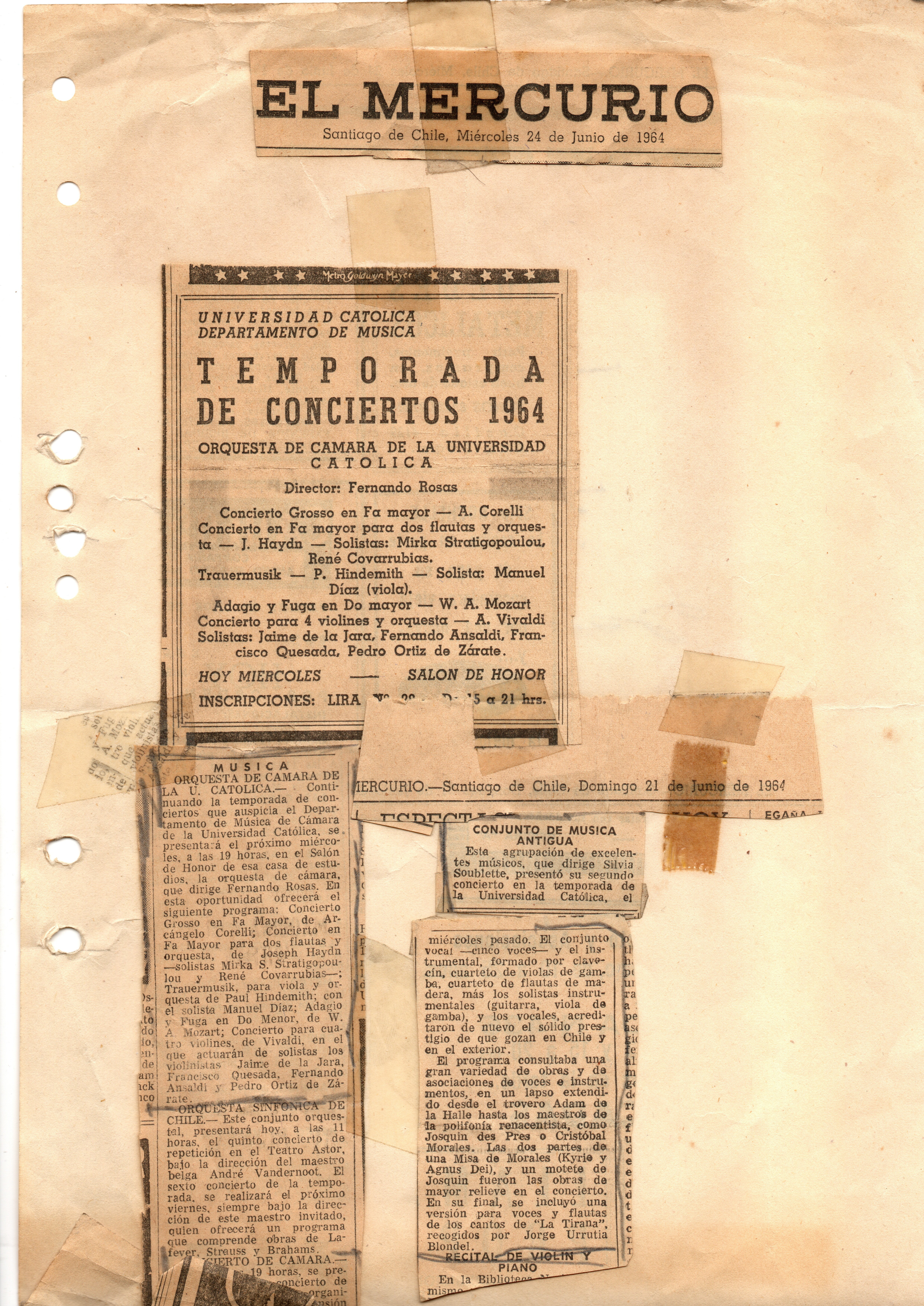 Anuncio de Temporada de Conciertos Orquesta de Cámara UC, junio 1964.